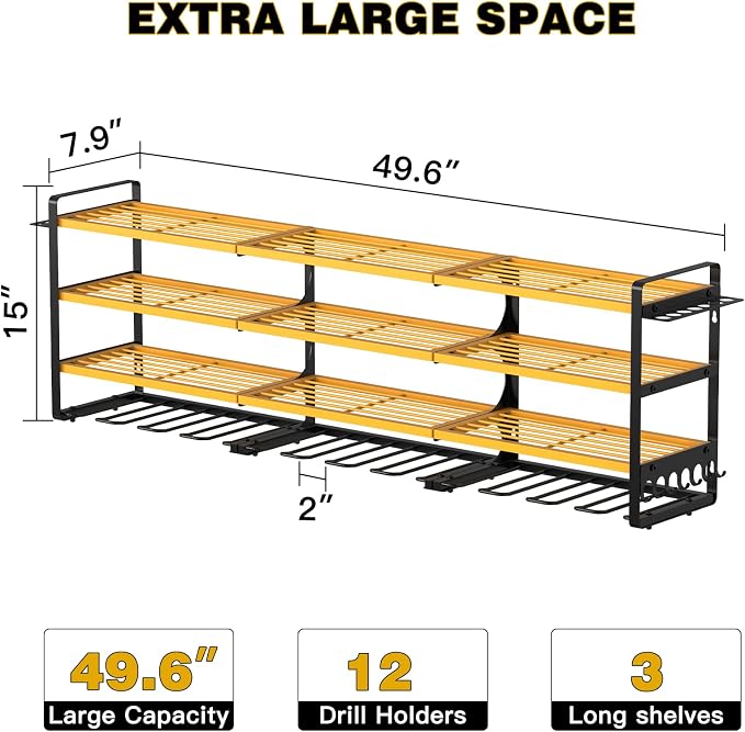 NattyDot Power Tool Organizer Wall Mount, 48-Inch 12 Drill Holders, Yellow | Extra-wide 48-inch Heavy-duty Wall Rack Stores 12 Cordless Drills and Assorted Tools, Maximizing Garage and Workshop Storage