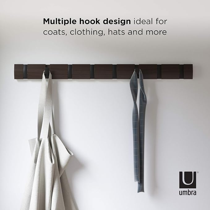 Umbra Flip Coat Rack, Wall Mount 8-Hook, Space Saving, Walnut/Black | Real wood and steel build, retractable hooks fold flat, holds coats bags and scarves, easy install