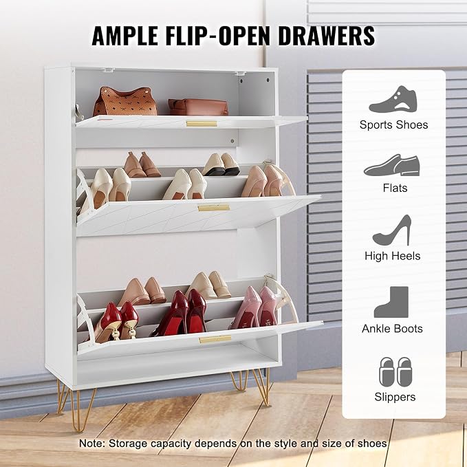 VEVOR Shoe Cabinet with 2 Flip Drawers, Modern Shoes Storage Cabinet with Storage Drawer and Anti-Tipping Device, Freestanding Shoe Organizer Ideas for Entryway, Hallway, Bedroom, Living Room, White