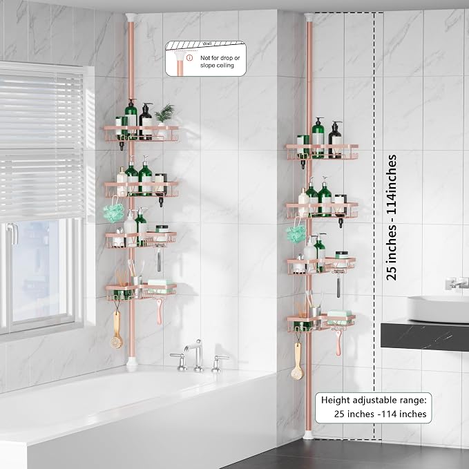 DAOYA Corner Shower Caddy Tension Pole - 4‑Tier Adjustable Shower Shelf Organizer Space‑Saving Bathroom Storage for Bathtub or Floor, Apricot