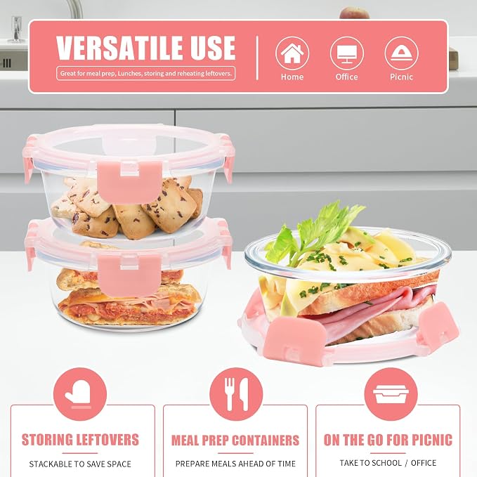 GULFLIN 12pack, 13oz Small Glass Food Storage Containers with Lids, Pink | Round Glass Containers Perfect Size for Meals and Leftovers. Particularly for Single Servings, Easy to Clean, Dishwasher Safe