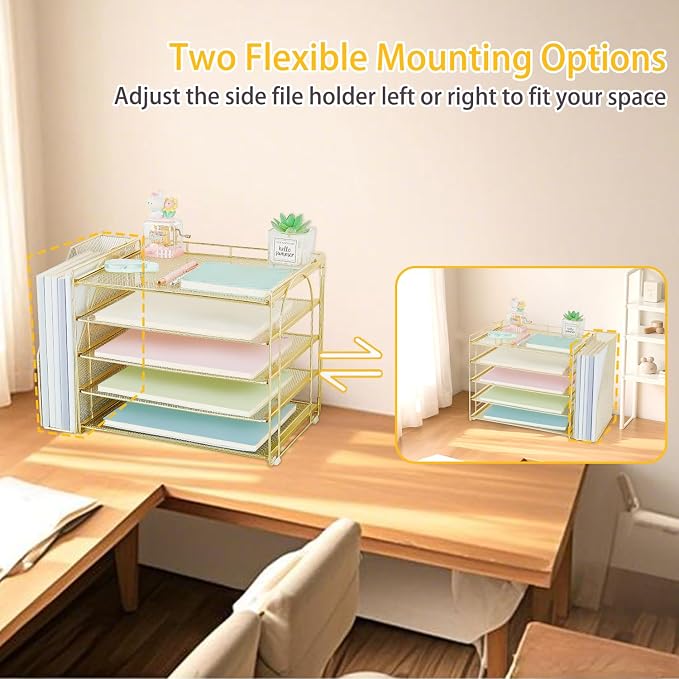 AUPSEN Gold Desk Organizers and Accessories, 5-Tier Desktop Paper File Organizer with Removable File Holder, Desk Accessories & Workspace Organization for Home Office Supplies (Gold)