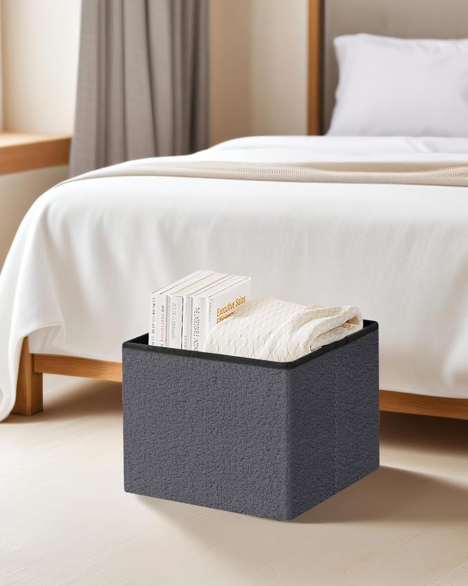 Small Ottoman with Storage, Sherpa Storage Ottoman Cube, Boucle Folding Foot Rest for Dorm, Living Room, Bedroom, Grey, 16.5"x12.6"x12.6"