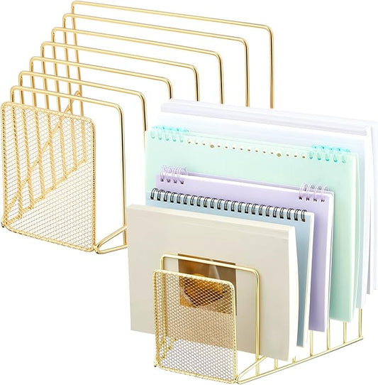 2 Pcs 7 Section Wire File Organizer for Desk, Metal Mesh Incline File Holder, Letter & Magazine Folder Rack, Desktop Paper Sorter for Home Office Back to School (Golden)