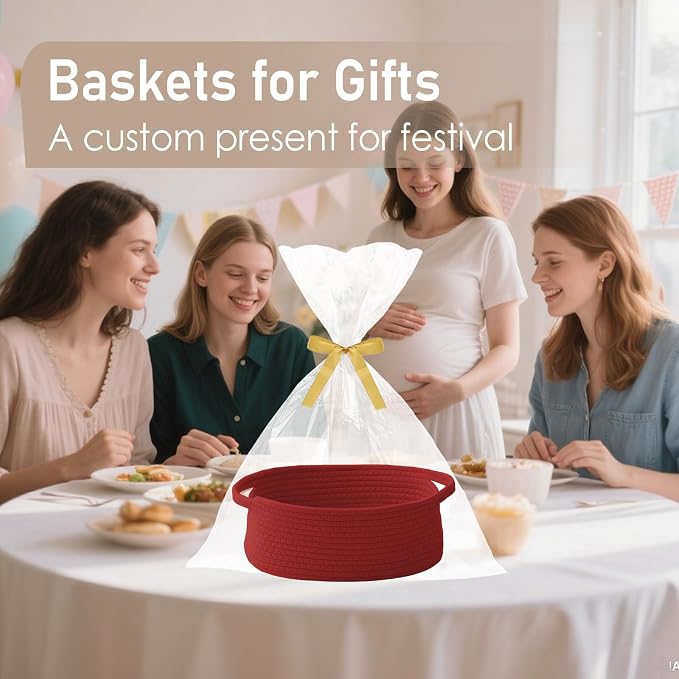 JMvicyroam Small Woven Basket, Empty Gift Basket, Red/1 Pack | Small Gift Basket, Cotton Rope, 12 x 8 x 21 in, Handles, Includes Ribbon and Bag, Birthday Gift Basket