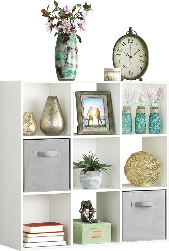 Whitmor 9 Cube Bookcase, 3 Tier Stackable MDF Bookself, Open Storage Display Organizer, Storage Cabinet for Living Room, Bedroom, Home, Office, 35.5" L x 11.7" W x 35.5" H, White