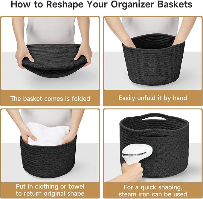 3 Pack Small Rope Storage Baskets, 9.82×9.82×7.1", Black | Cotton Basket for Gifts Empty, Cute Round Woven Basket, Decorative Shelf Basket Organizer, Organizing Basket for Shelves