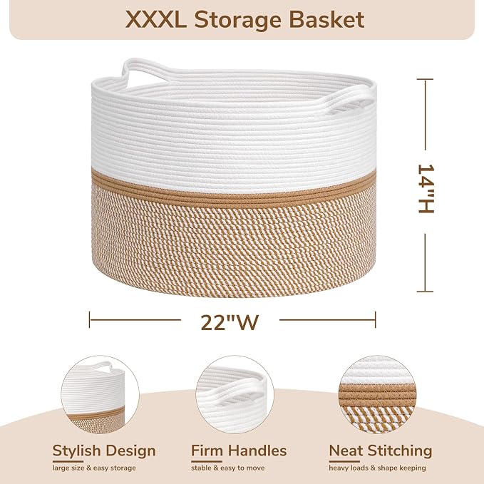 CHICVITA XXL Cotton Rope Woven Blanket Basket with Handles, White & Brown | Home decor storage basket for laundry, baby nursery, toys. Decorative toy bin, 22x22x14in