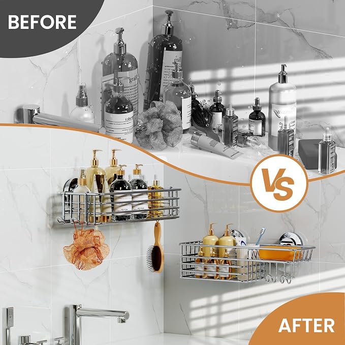 LEVERLOC Shower Caddy Suction Cup, 2 Pack Heavy Duty Bathroom Organizer | Shower Caddy with Hooks & Soap holder, Removable Shower Storage, Rustproof Silver bathroom Holder