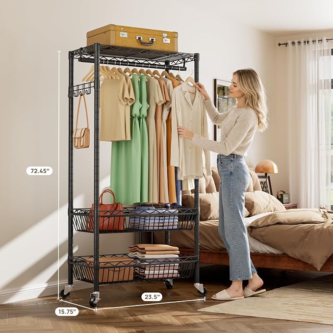 Golpart Heavy Duty Rolling Clothes Rack Wheels Portable Metal Garment Rack | Wardrobe Adjustable Wire Shelving Metal Double Clothing Racks for Hanging Clothes Organizer Closet Laundry Room Organization