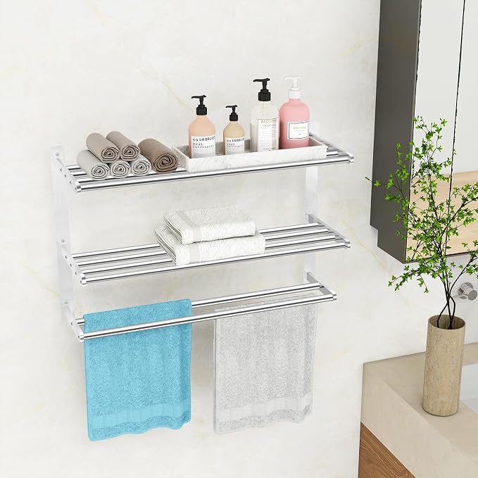 KLJKPA 24 Inch Towel Racks for Bathroom Wall-Mount, 3-Tier, Brushed Nickel | Towel Shelf with Double Towel Bar, Towel Holder, Towel Storage for Bathroom Lavatory, Stainless Steel, Space Saving
