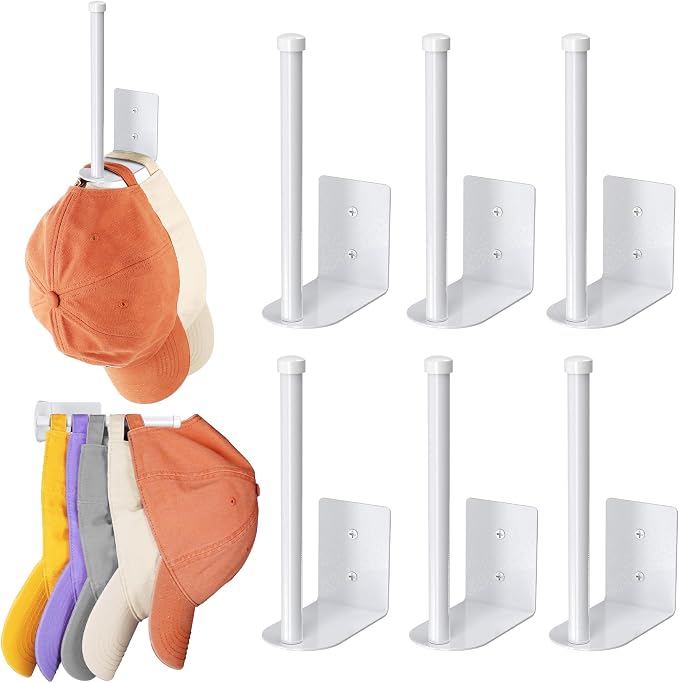 Durmmur Stainless Steel Hat Organizer, Hat Rack for Wall,Each Holds 15 Hats | 6P Strong Adhesive/Wall Drilled Hat Holder, Hat Hooks, Hat Hanger Baseball Cap Organizer for Door,Bedroom,Closet(White 6 in)
