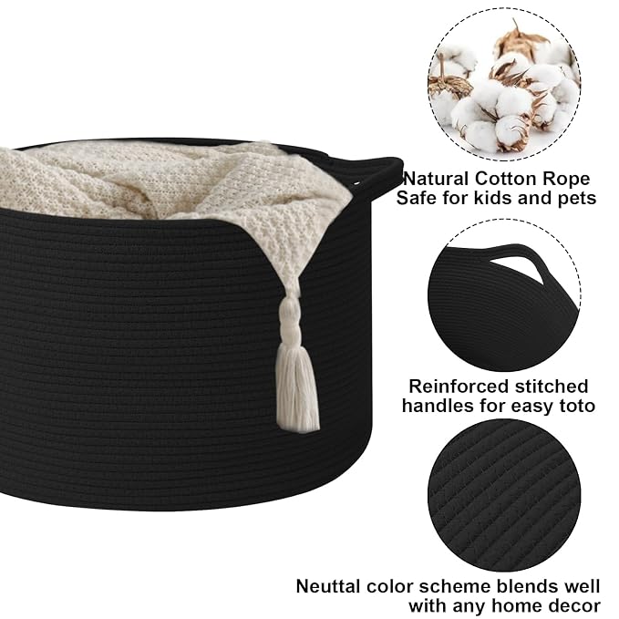 65L Large Blanket Basket,Woven Rope Laundry Basket-Black | Collapsible, reinforced handles, nursery storage bin organizes clothes, toys and pillows for living room, bedroom bathroom.