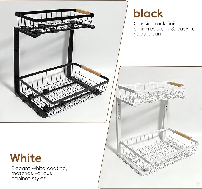 2-Tier Pull-Out Under Sink Organizer, Height Adjustable Sliding Shelf, Heavy Duty Carbon Steel, Wooden Handle & Suction Cup Base, Rust-Proof & Anti-Shake, for Kitchen Bathroom, Black (black)