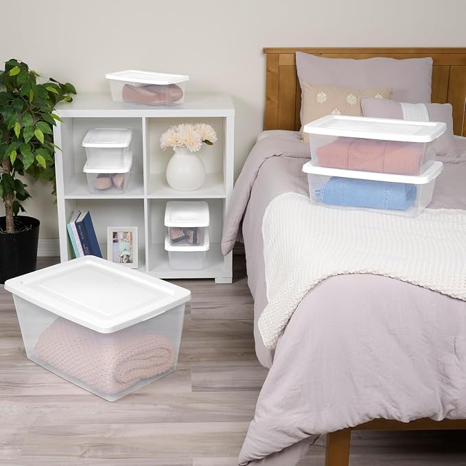 Sterilite 6 Quart Clear Storage Bins with Lids, 18-Pack Plastic Storage Containers, Clear Stackable Storage Bins Box for Closet, Garage, Classroom, Home Organization and Storage, Cloth Included