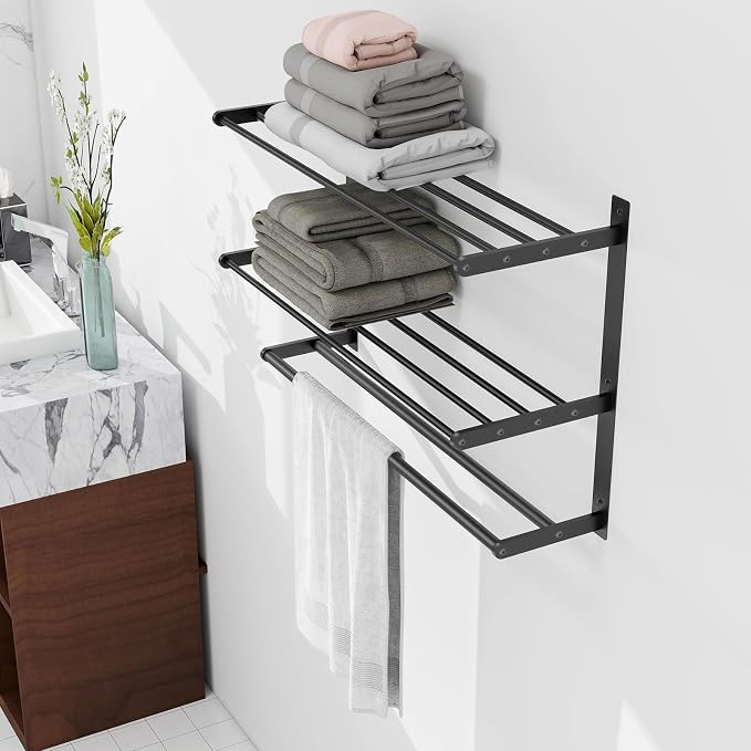 Bethom Bathroom Towel Rack with 2 Bars, 24 Inch Towel Shelf, Matte Black | 3-Tier Hotel Towel Racks for Bathroom Wall Mounted, Bath Towels Storage, Stainless Steel