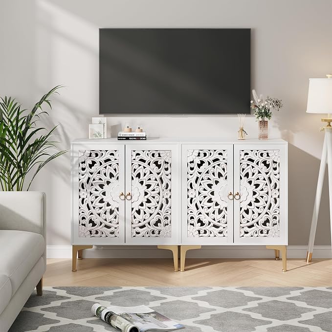 JOINICE 31.5" White Accent Cabinet with Carved Doors & Storage, Gold Legs | Carved Floral Design, Boho/Farmhouse/Rustic Style, Versatile Storage for Living Room & Bedroom & Hallway, Adjustable Shelf