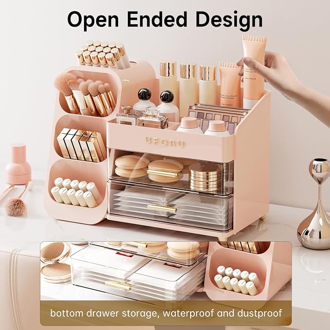 UFORU Makeup Organizer Countertop with Brush Holder for Vanity Bathroom | Large Capacity, Thickened Plastic, 2 Clear Drawers, Compact Size, Detachable Brush Holder, Divided Compartments, Easy Access