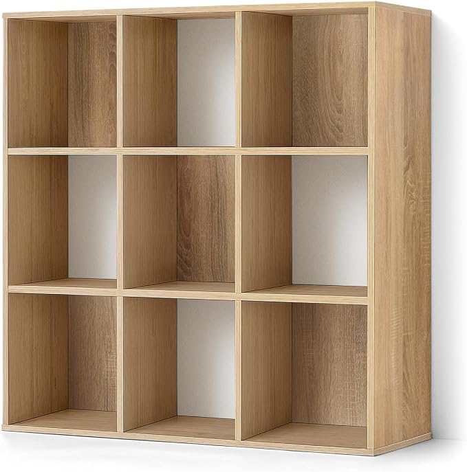 CAPHAUS Sturdy Room 11-Inch Cube Storage Organizer Shelf, with Thick Exterior Edge, Storage Shelf Divider w/Back, Bookcase, 9-Cube, Natural Oak