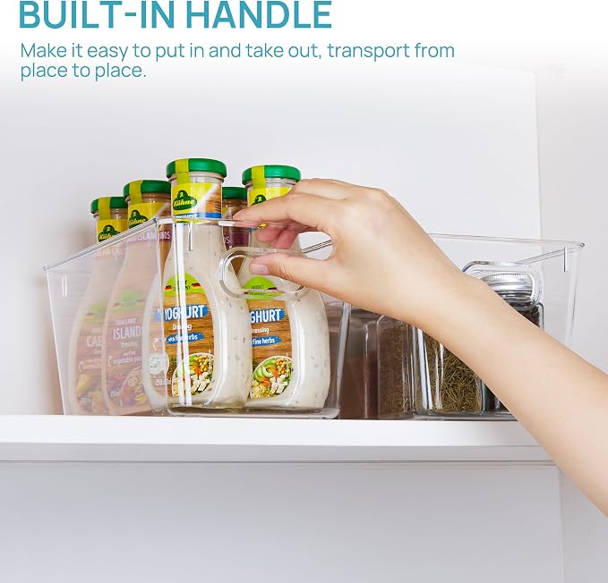 Vtopmart Clear Plastic Storage Bins, 2 PCS Pantry Organizer Bins with Handle for Refrigerator, Fridge, Cabinet, Kitchen, Countertops, Cupboard, Freezer Organization and Storage, Medium