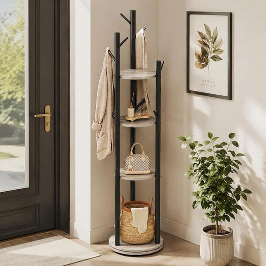 Espelism Rotary Coat Rack Stand, Freestanding Metal Hall Tree with 9 Hooks | 4-tier coat stand with wood storage shelves. Ideal for entryway, bedroom, corner or office clothing organization.Grey