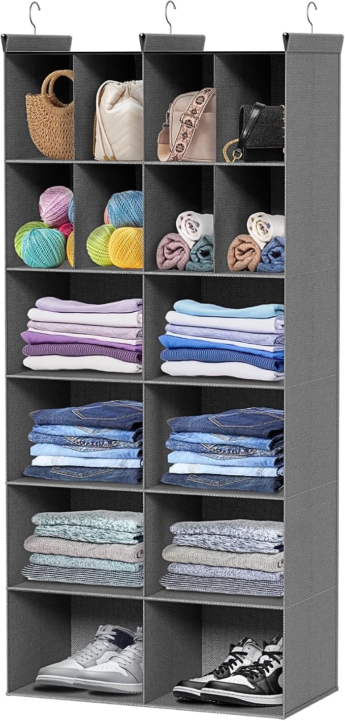 6 Tier Hanging Closet Organizer, 16 Compartments Dual Row Storage, Grey | Closet Organizers and Storage with Large & Small Pockets, 3 Sturdy Hooks Support Heavy Loads, Ideal for Dorm, Garment Rack