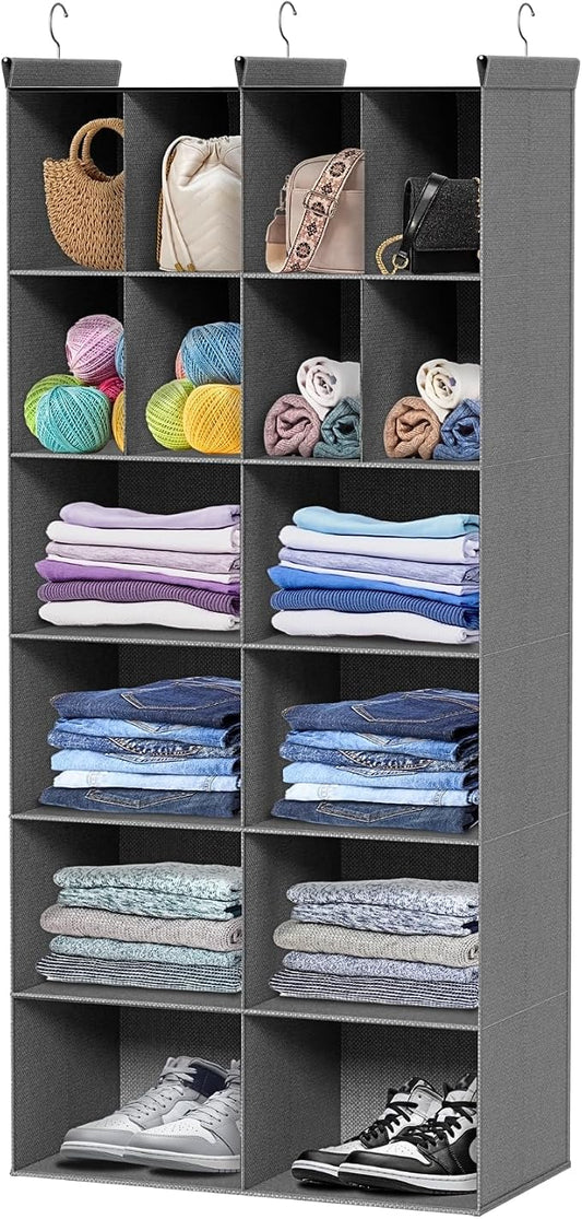 6 Tier Hanging Closet Organizer, 16 Compartments Dual Row Storage, Grey | Closet Organizers and Storage with Large & Small Pockets, 3 Sturdy Hooks Support Heavy Loads, Ideal for Dorm, Garment Rack