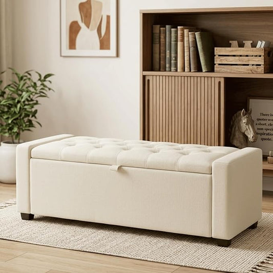 47" Beige Storage Ottoman, Entryway Bench Seat for Livingroom | Versatile design works as a coffee table or footstool; easy assembly, sturdy structure, and comfortable padded cushion.