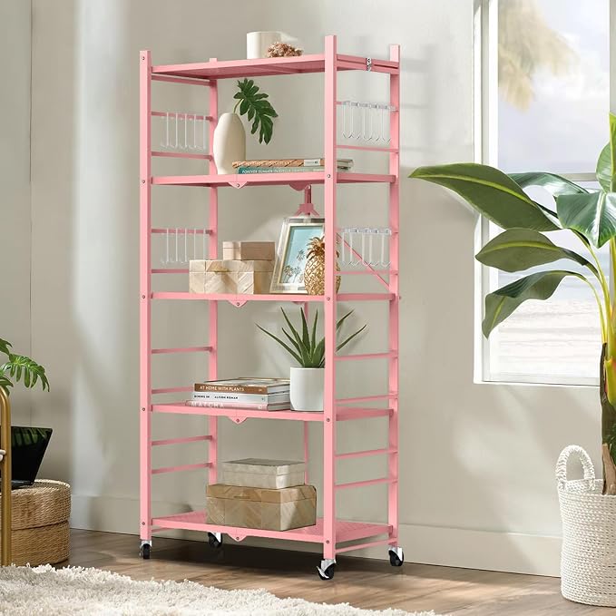 Himix Storage Shelves with 20 Hooks, 5-Tier Foldable Shelves for Storage, Folding Shelf Unit Pantry Shelves with Wheels, Standing Shelving Unit for Kitchen Garage Home Office Room Greenhouse, Pink