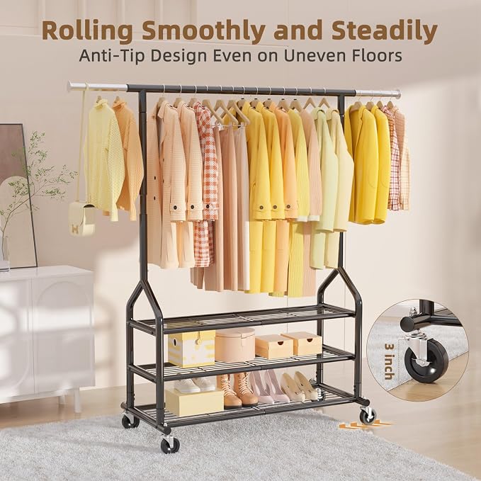 EAGMAK Heavy Duty Clothes Rack Load 556 LBS, Rolling Clothing Rack With 3 Shelves, Adjustable Metal Clothes Hanger with Wheels, Portable Wardrobe Organizer Garment Rod for Hanging Clothes (Black)