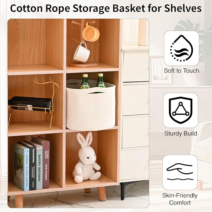 ICERZCZ Woven Cotton Rope Storage Basket for Organizing, Cute Decorative Baskets for Gifts Empty, Organizer Bins for Dog Toy, Baby Laundry, 15“×11”×9.5“, Off White