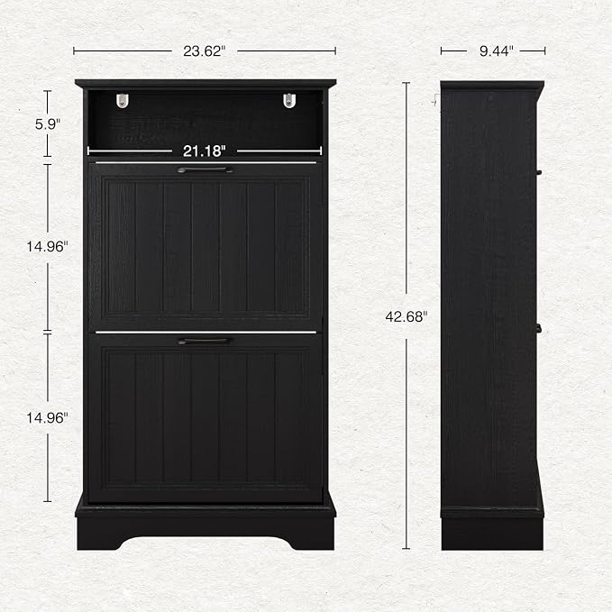 24" W Hidden Shoe Storage Cabinet with 2 Flip Drawers & Open Storage | Farmhouse Modern Shoes Rack Cabinet,Adjustable Shelves, Narrow Slim Shoes Organizer for Front Door Entrance, Entryway,Black