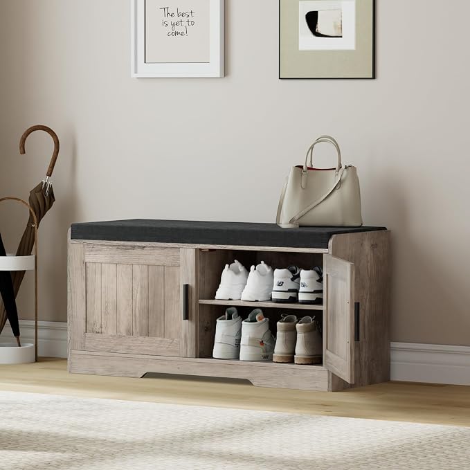 Homleke Shoe Storage Bench, 2 Doors & Thickened Padded Seat Cushion | 2-Tier Shoe Bench, Entryway Bench, Adjustable Shelf, 13.8" D x 37.4" W x 18.5" H, for Living Room, Bedroom, Greige