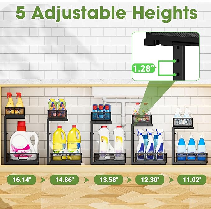 Under Sink Organizer 2-Pack, Metal 2-Tier Pull-Out Cabinet Shelf with Slide-Out Mesh Drawers, Height Adjustable, Space-Saving Under Sink Storage Racks for Kitchen, Bathroom, Laundry Room
