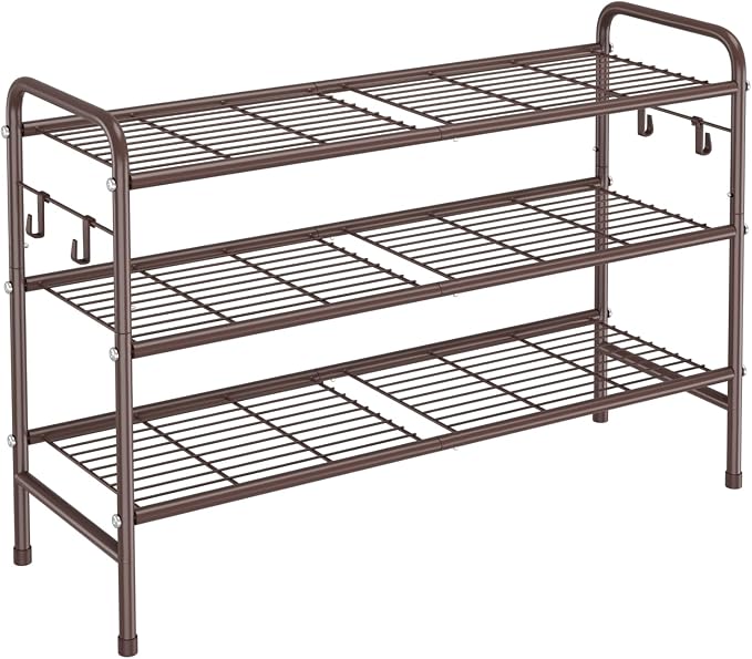 VILICK 3 Tier Shoe Rack 33" Wide Metal Shoe Organizer Long Shoe Storage with 4 Side Hooks Sturdy Shoes Shelf for Front Door Entrance, Closet, Garage, Dorm, Brown