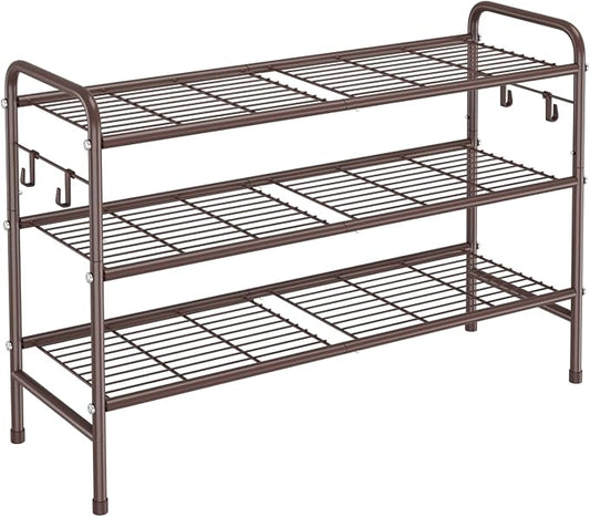 VILICK 3 Tier Shoe Rack 33" Wide Metal Shoe Organizer Long Shoe Storage with 4 Side Hooks Sturdy Shoes Shelf for Front Door Entrance, Closet, Garage, Dorm, Brown