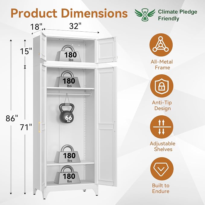 Polup 86" Tall White Metal Armoire Wardrobe Closet with Hanging Rod | Heavy Duty Steel Clothing Storage Cabinet, 4 Doors, 180lbs Adjustable Shelves, Shipped in 2 Packages for Bedroom, Garage