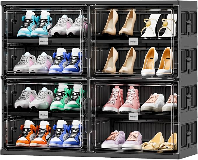 JEKO&JEKO 4 Tiers Foldable Shoe Rack Organizer Cabinet for Closet Entryway, Large Collapsible Shoe Storage Box with Magnetic Doors Fits Up to 16 Pairs (Black)