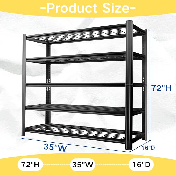 Garage Shelving, Heavy Duty Storage Shelves, Adjustable Boltless Units | Metal Shelving with Double Layer Posts, Industrial Steel Shelving for Garage Basement Warehouse Kitchen, Black, 72H*35W*16D