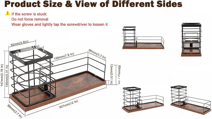 Hair Tool Organizer, Movable Hair Dryer Holder, Hair Styling Tools Storage for Vanity, Bath Counter Organizer, Bathroom Trays for Hair Toiletry, Makeup (12" x 3.7" x 5.8", Wood-Black)