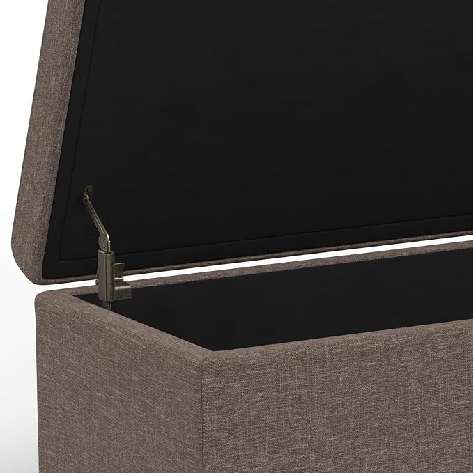 SIMPLIHOME Avalon 54" Wide Vegan Leather Storage Ottoman in Brown | Contemporary lift-top ottoman with high-density foam; rectangle storage bench or coffee table for living room or entryway.