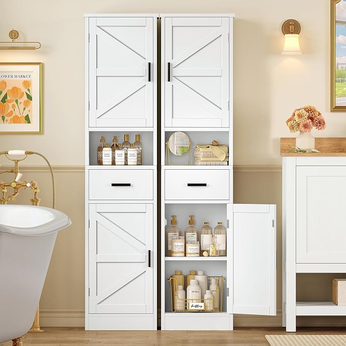 67" H Bathroom Storage Cabinet with Barn Doors & Adjustable Shelves, Bathroom Cabinet with Drawer, Narrow Bathroom Storage Unit, Floor Cabinets for Living Room, Kitchen, White