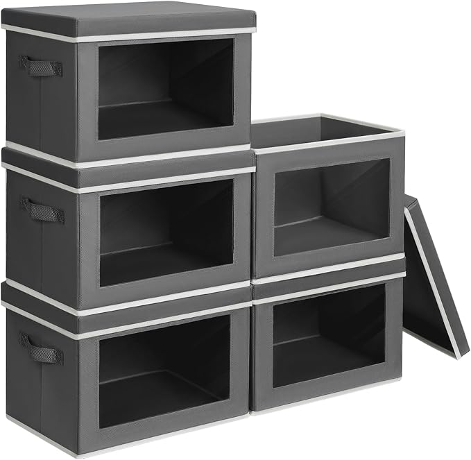 Homsorout Stackable Storage Bins with Lids - Medium Storage Box with Lids, Foldable Closet Boxes for Organizing, Wardrobe Clothes Organizer with Window, Cubes Bins for Living Room, 5 Pack, Dark Grey