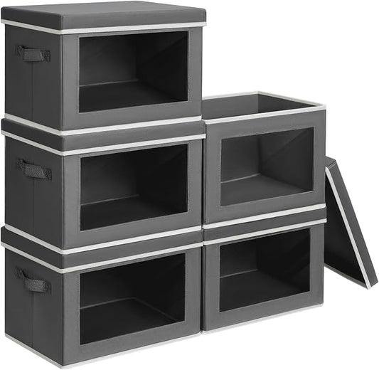 Homsorout Stackable Storage Bins with Lids - Medium Storage Box with Lids, Foldable Closet Boxes for Organizing, Wardrobe Clothes Organizer with Window, Cubes Bins for Living Room, 5 Pack, Dark Grey