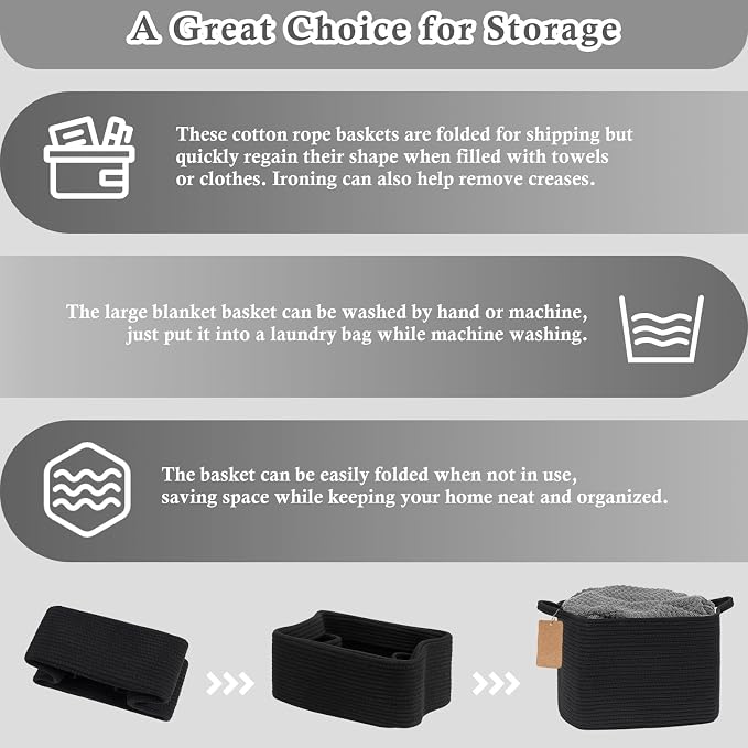 Goodpick Small Woven Storage Basket with Handles, Rectangle, Black | 13 × 10 × 9 in, Cotton Rope, Shelf Organization, Toys, Towels & Books Storage, Living Room & Bathroom Organization