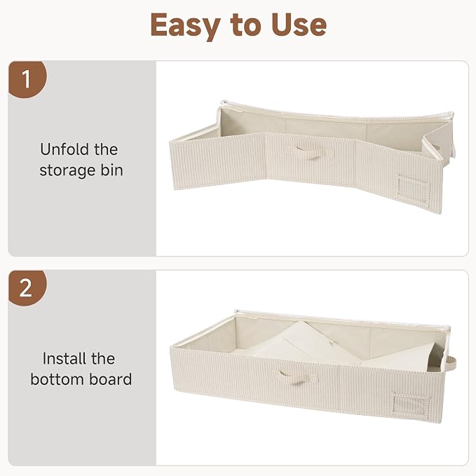 StorageWorks Large Under Bed Storage Containers with Handles and Label Holder, 2 Pack Ultra-thick Fabric Underbed Bins, Brown and White Stripes
