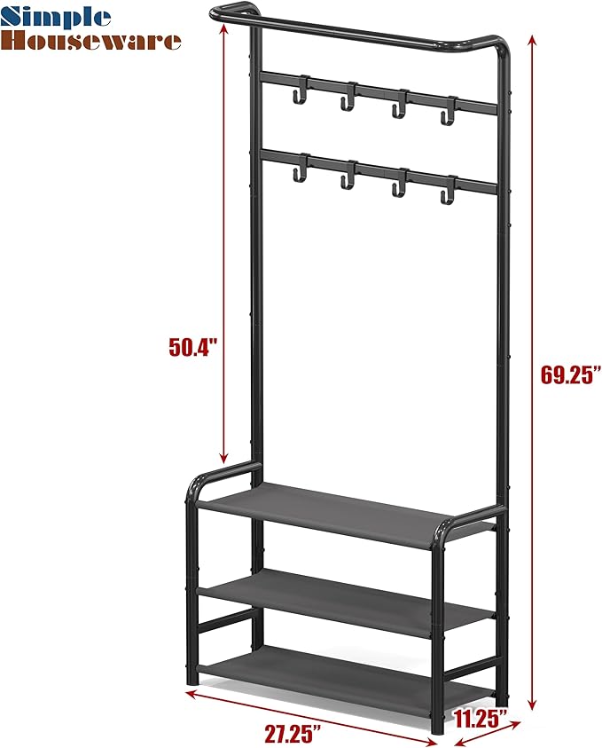 Simple Houseware Coat Rack with Shelf, Standing Hall Tree with Hooks, Black | For Entryway, Bedroom, Office, Black Metal Clothes Hanger Stand for Coats, Hats, Jackets, Bags