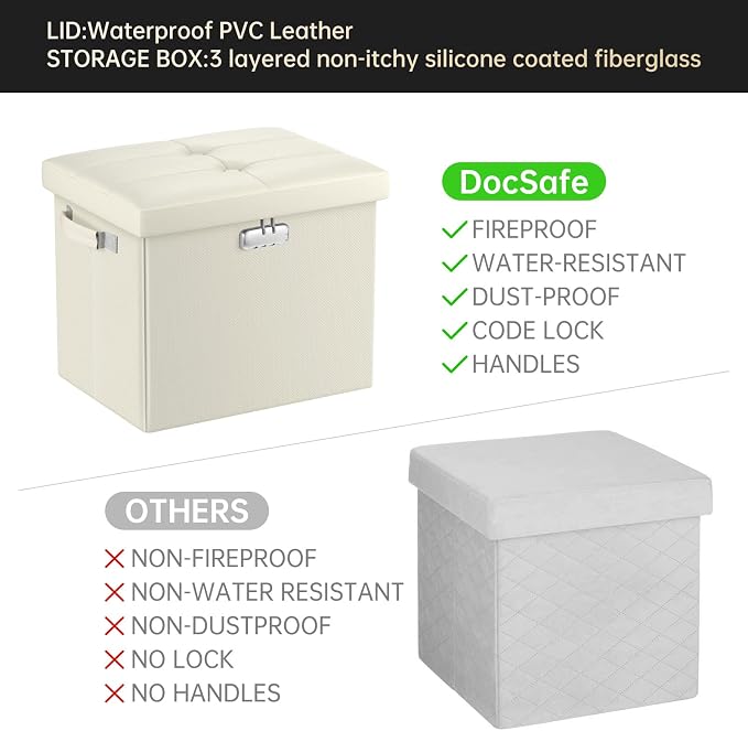 DocSafe Storage Ottoman with Lock,Fireproof＆Waterproof 17 Inches Folding Storage Box with Handles Safe for Important Documents,Leather Storage Ottoman Storage Chest for Living Room,Bedroom,Beige