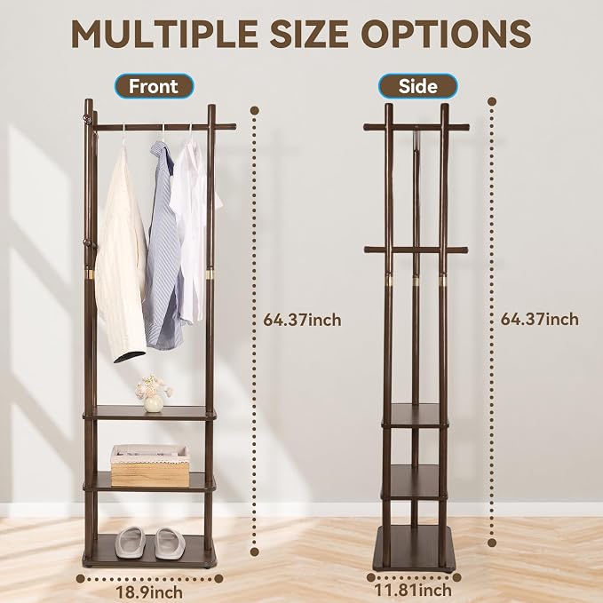 Wood Coat Rack Freestanding Clothing Rack with 3 Shelves and 5 Hooks | Heavy Duty Coat Tree Garment Rack Coat Hanger Stand for Corner Entryways Living Rooms and Bedrooms, Walnut