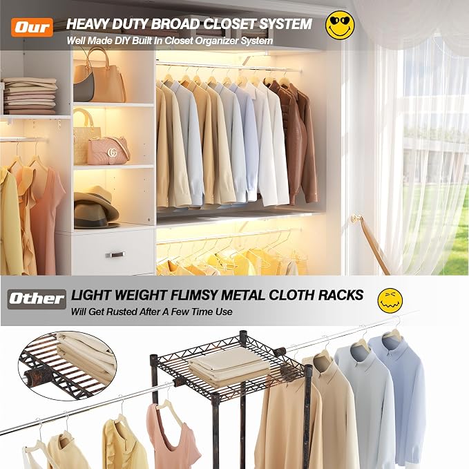 120 Inches Closet System, 10FT Walk In Closet Organizer with 3 Shelving Towers, Heavy Duty Clothes Rack with 3 Drawers, Built-In Garment Rack, 120" L x 16" W x 75" H, Max Load 1300 LBS, White